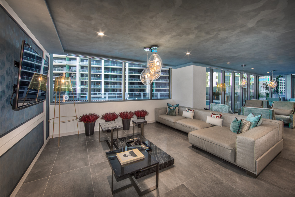 Interior design view of Brickell Flatiron club room in downtown Miami.