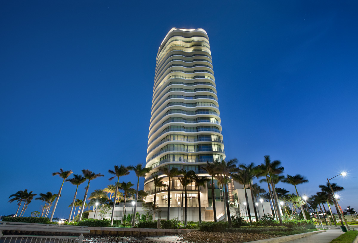 Dusk view of the Bristol luxury rental condominium located at the edge of the intercostal.