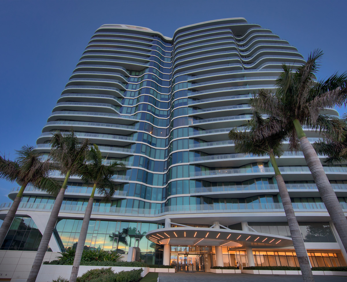 Dusk view of the Bristol luxury rental condominium located at the edge of the intercostal.