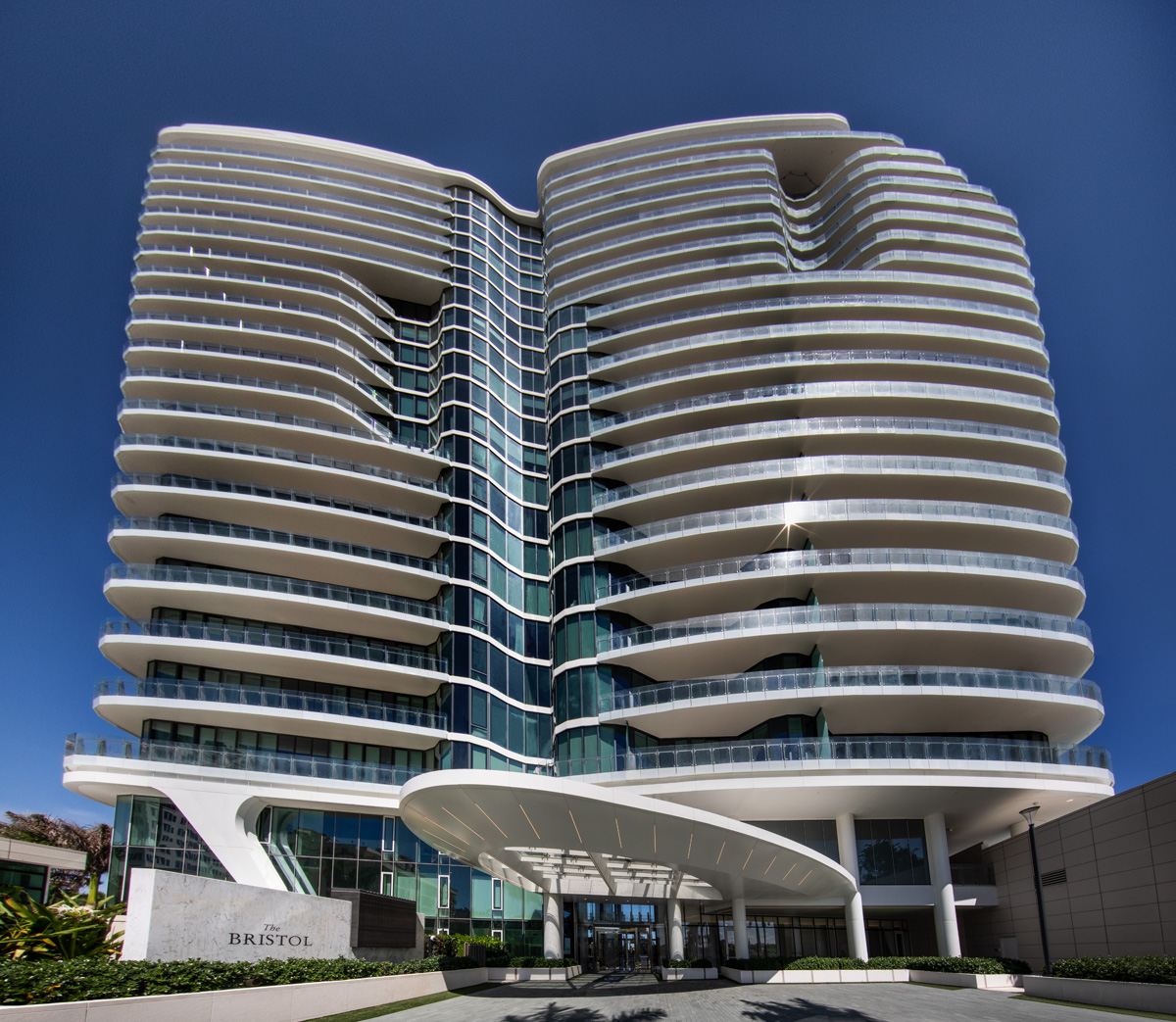 Architectural view of the Bristol luxury rental condominium located at the edge of the intercostal.