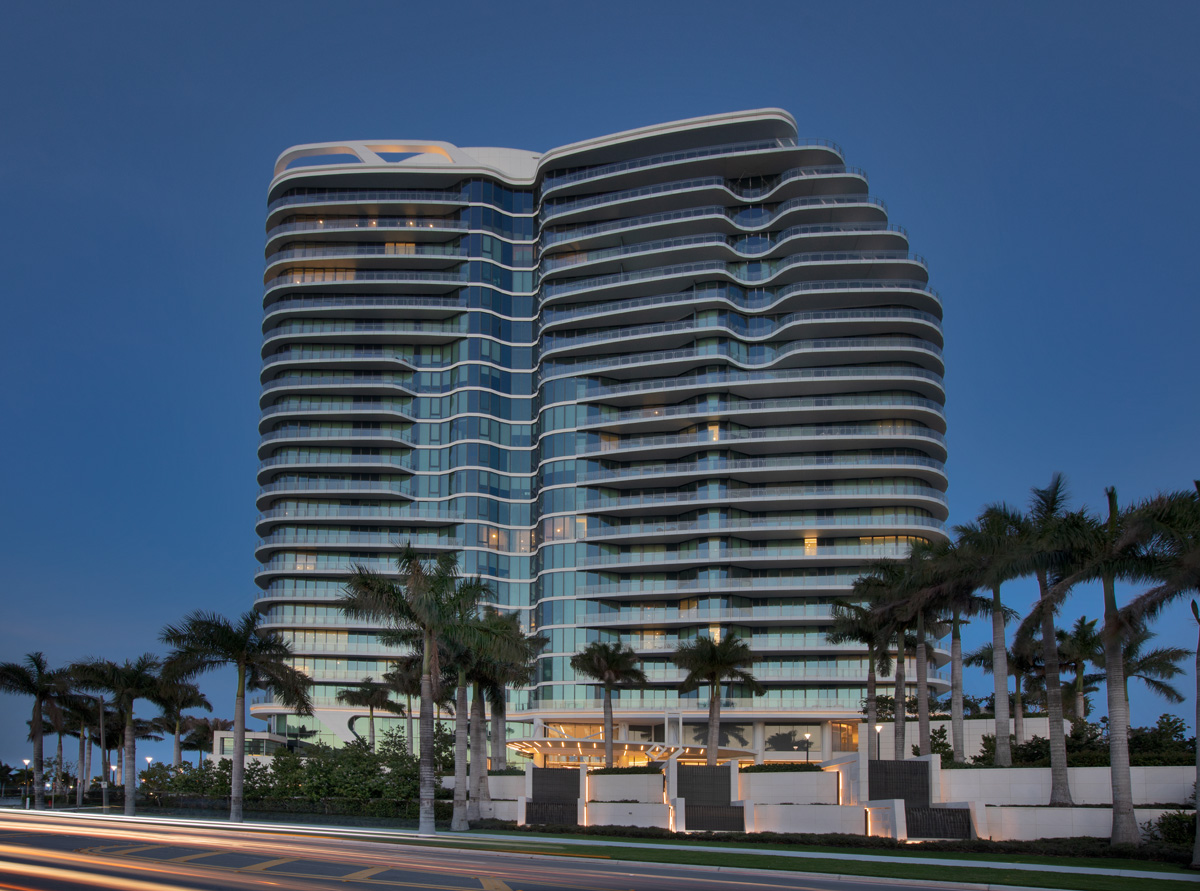 Dusk view of the Bristol luxury rental condominium located at the edge of the intercostal.