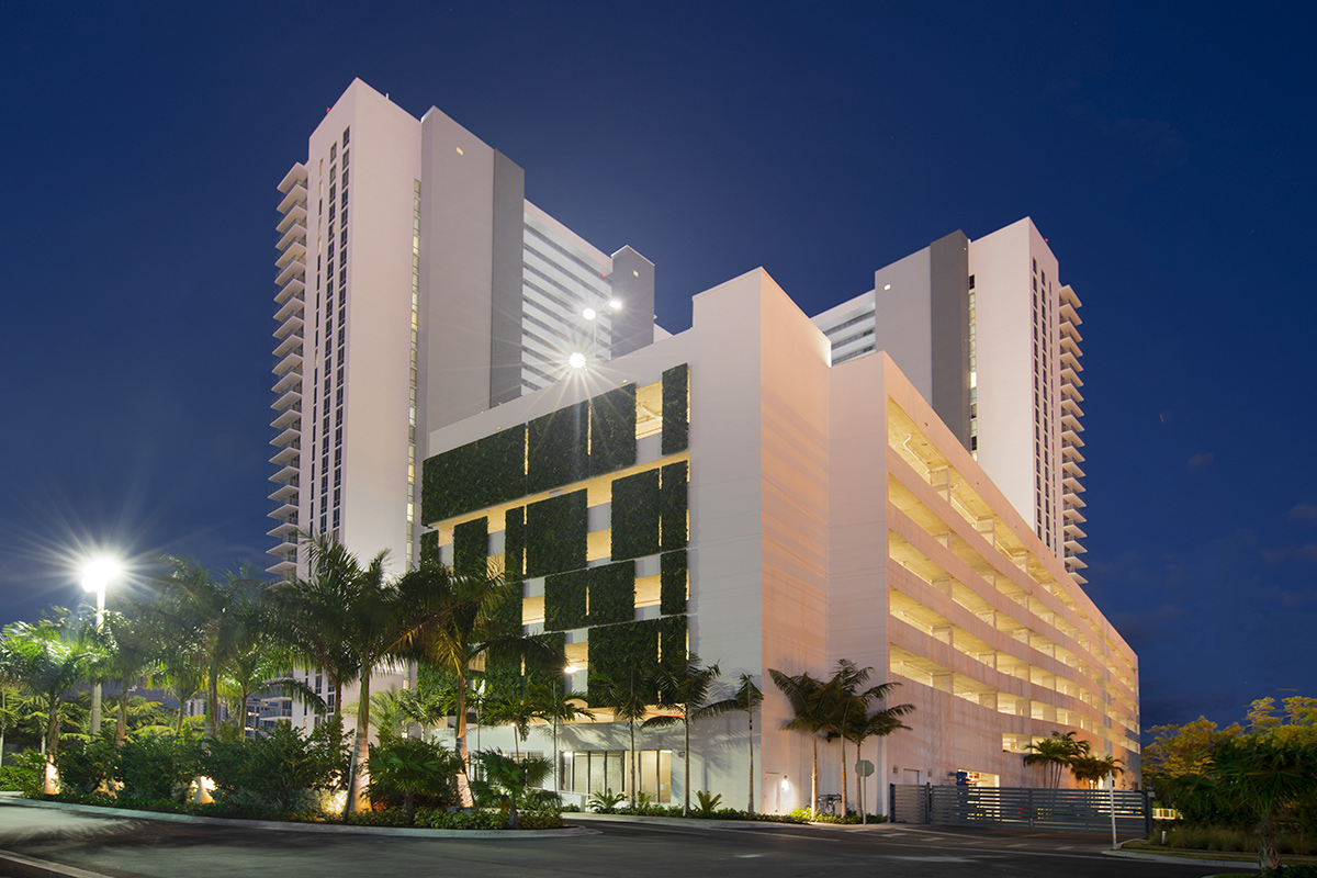 Architectural dusk view of the Harbour Condo Tower - North Miami Beach, FL