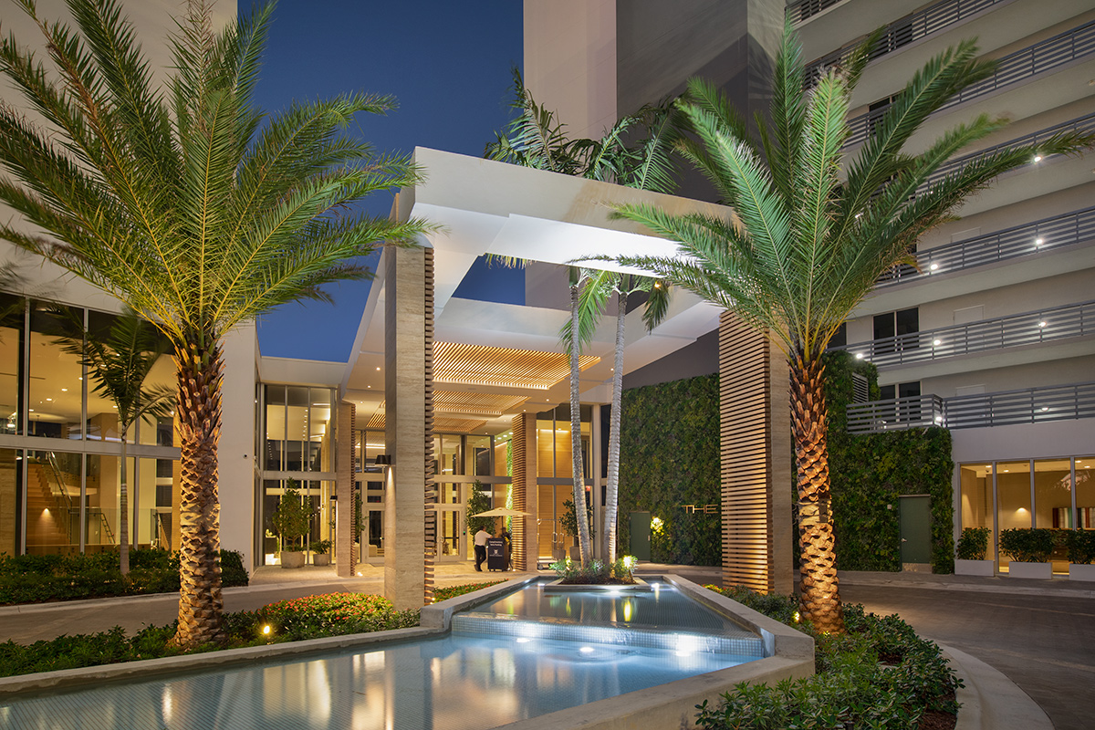 Architectural dusk view of the Harbour Condo Tower N Miami Beach, FL