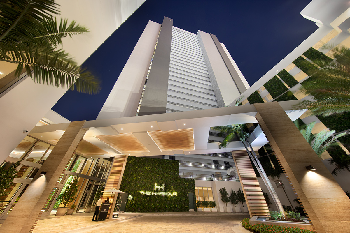 Architectural dusk view of the Harbour Condo Tower N Miami Beach, FL