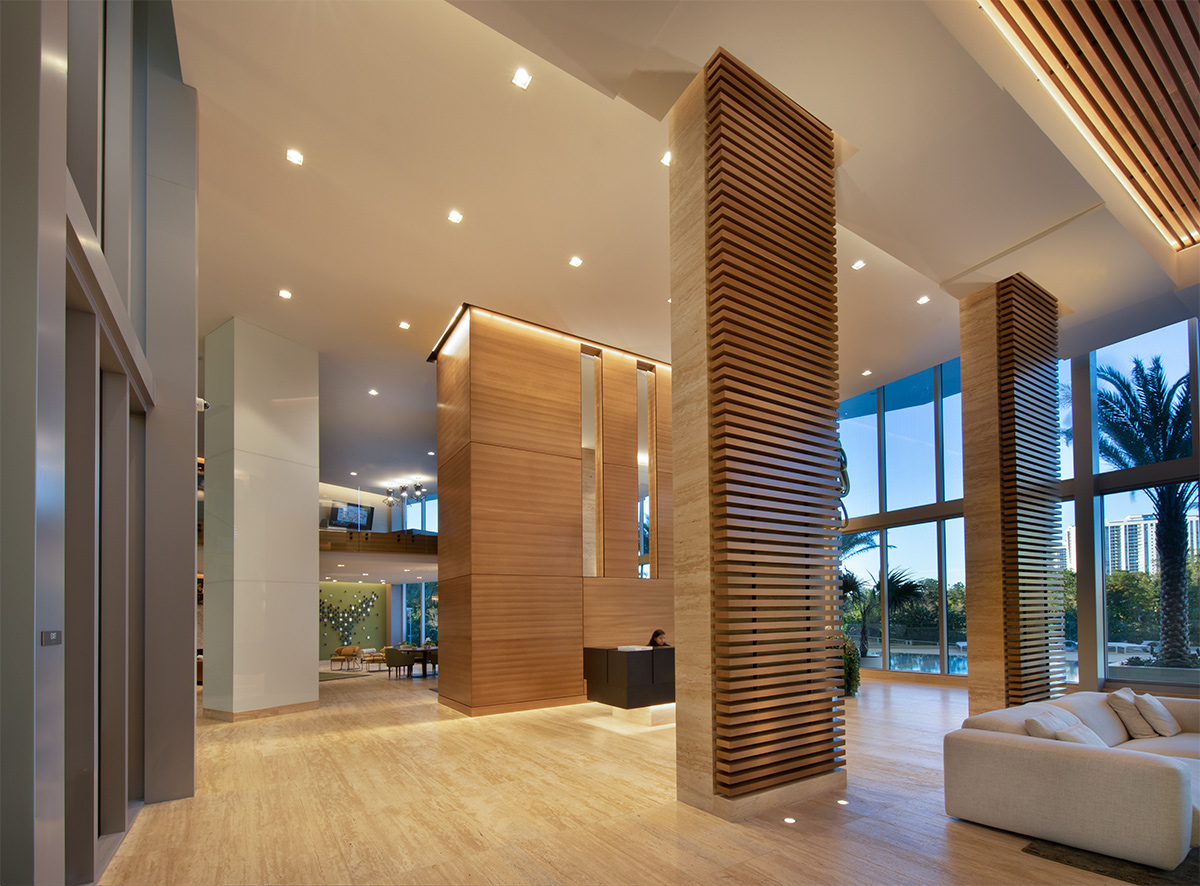 Interior design lobby view at the Harbour Condo Tower N Miami Beach, FL