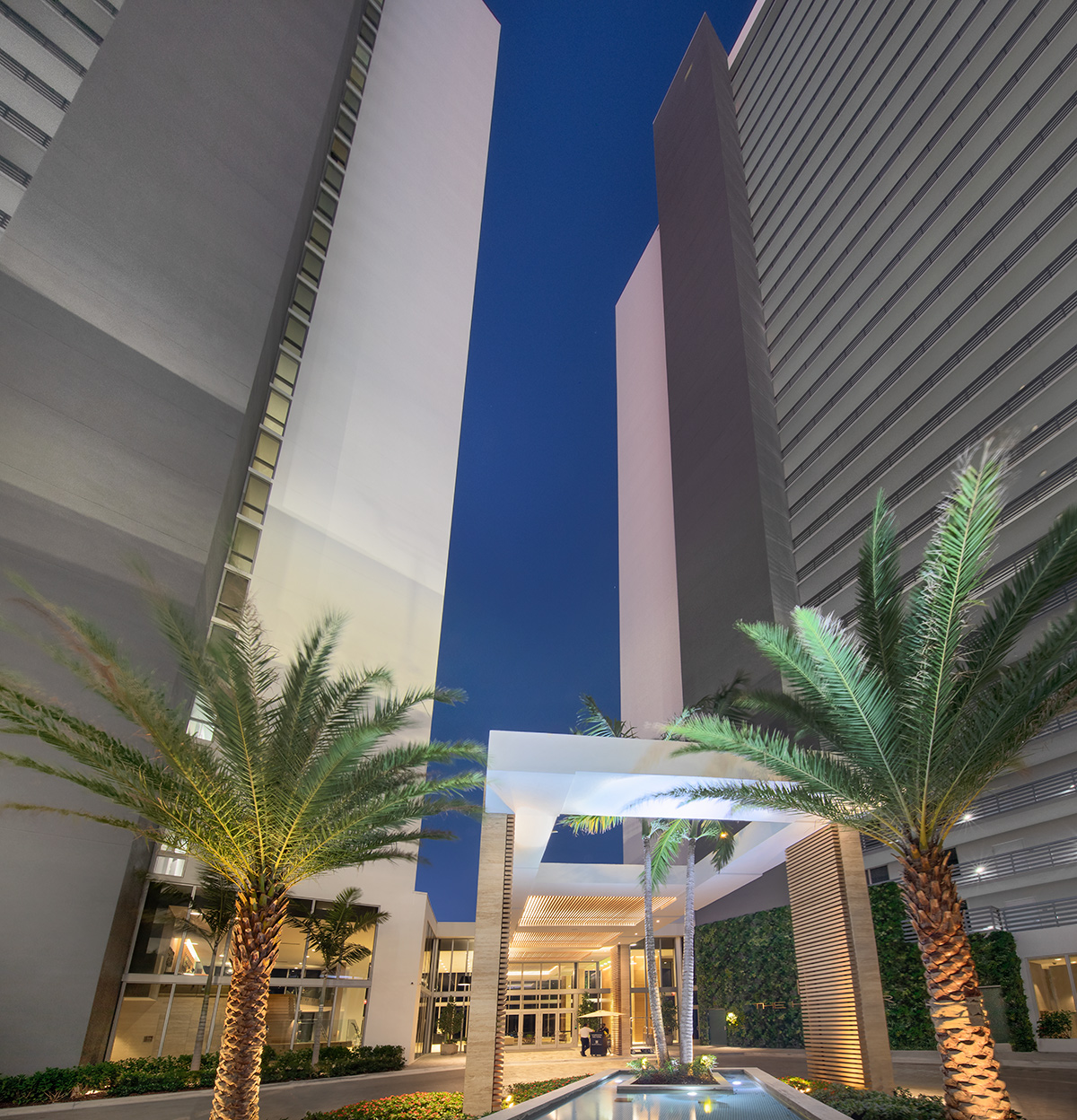 Architectural dusk view of the Harbour Condo Tower N Miami Beach, FL