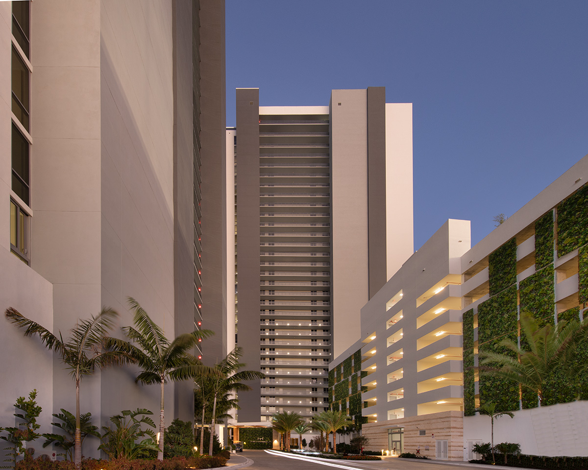 Architectural dusk view of the Harbour Condo Tower N Miami Beach, FL