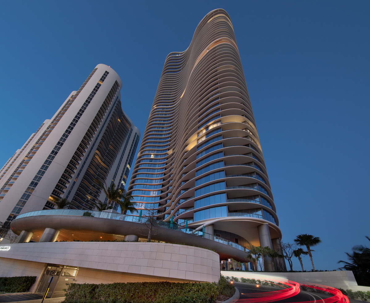 Dusk exterior of Ritz Carlton Residences in Sunny Isles Beach, FL