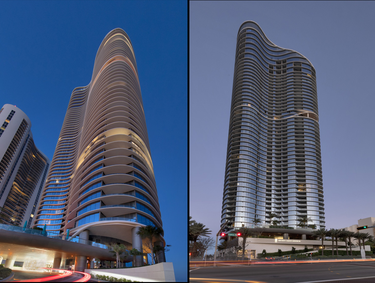 Two dusk exteriors of Ritz Carlton Residences in Sunny Isles Beach, FL
