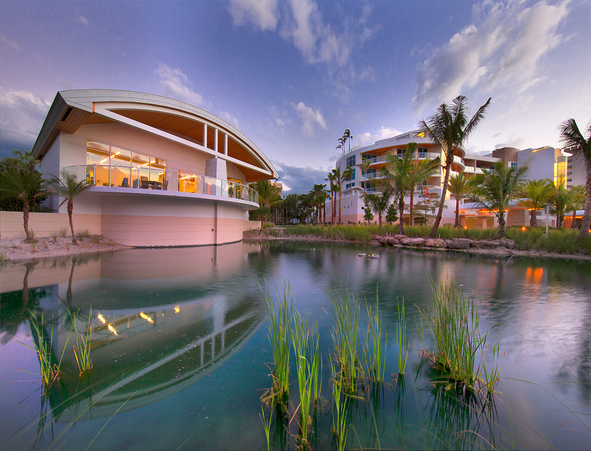 Architectural dusk view at Aria Luxury Condos Longboat Key - Sarasota, FL.