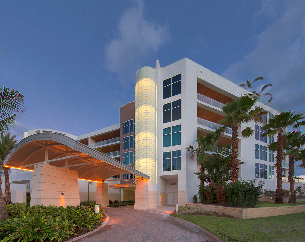 Architectural dusk view at Aria Luxury Condos Longboat Key - Sarasota, FL.