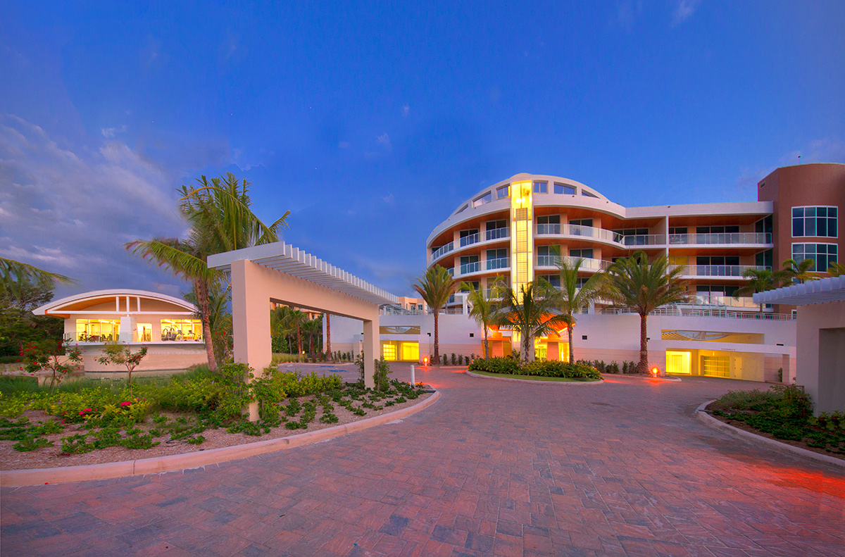 Architectural dusk view at Aria Luxury Condos Longboat Key - Sarasota, FL.