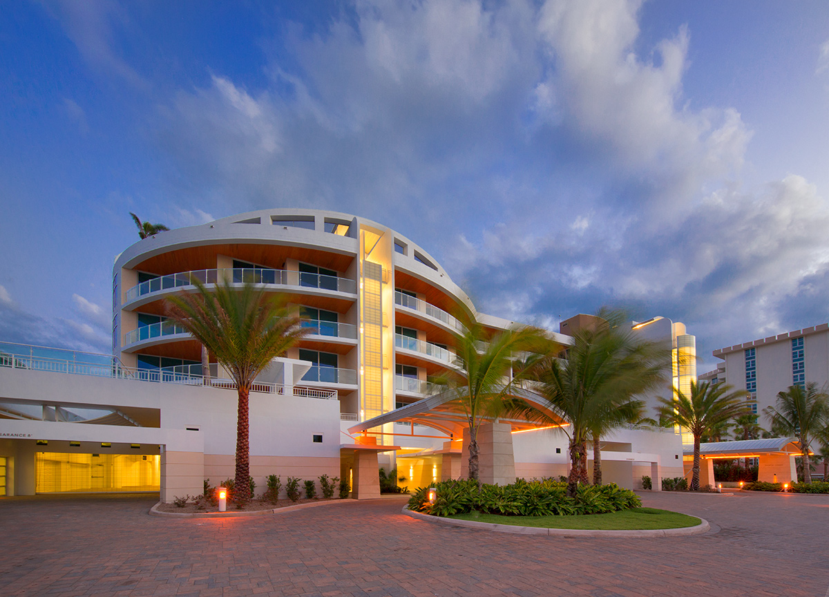 Architectural dusk view at Aria Luxury Condos Longboat Key - Sarasota, FL.