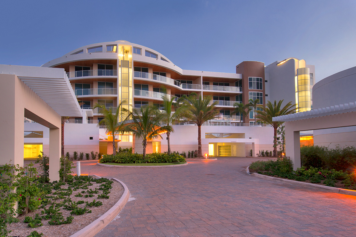 Architectural dusk view at Aria Luxury Condos Longboat Key - Sarasota, FL.