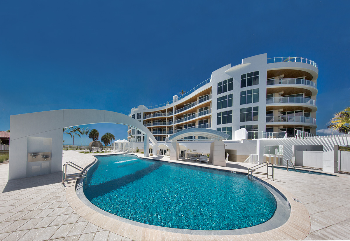 Architectural pool view at Aria Luxury Condos Longboat Key - Sarasota, FL.