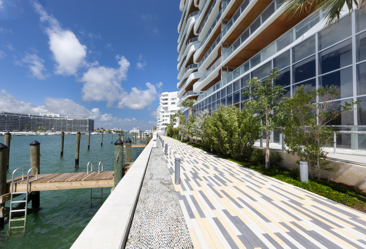 Architectural water view at Monaco Yacht Club condo in Miami Beach, FL.