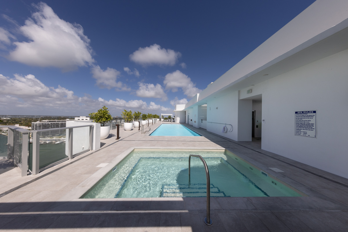 Architectural pool view at Monaco Yacht Club condo in Miami Beach, FL.