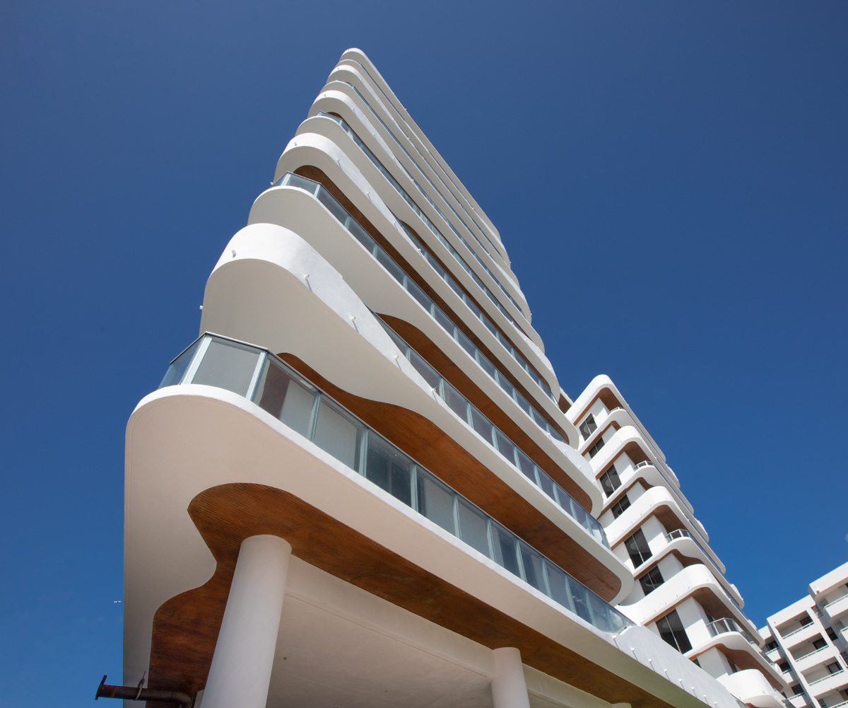 Architectural detail view of Monaco Yacht Club condo in Miami Beach, FL.