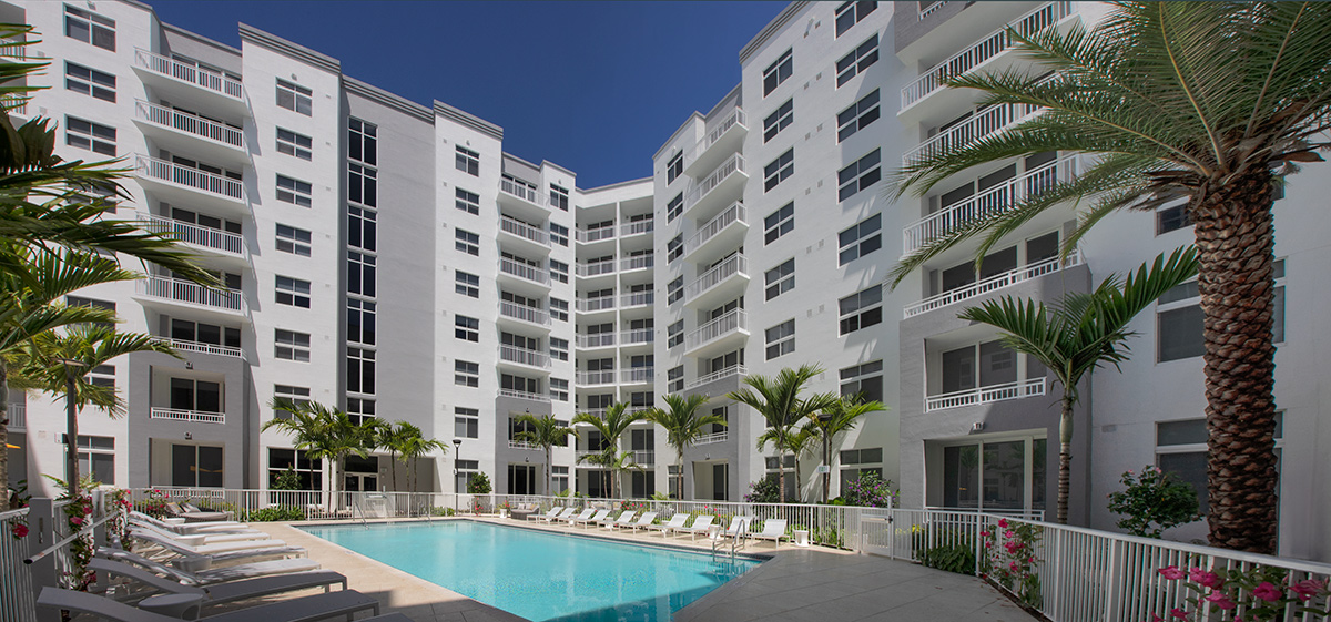 Architectural pool view at Landmark South, Miami.