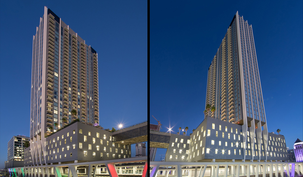 Architectural dusk view of the Miami Central ParkLine residences.