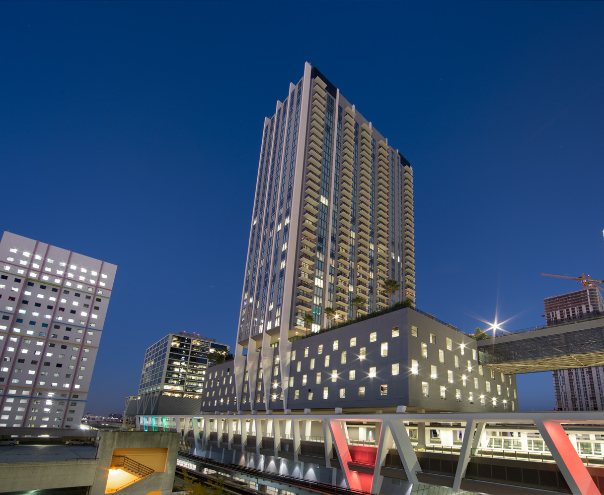 Architectural dusk view of the Miami Central ParkLine residences.