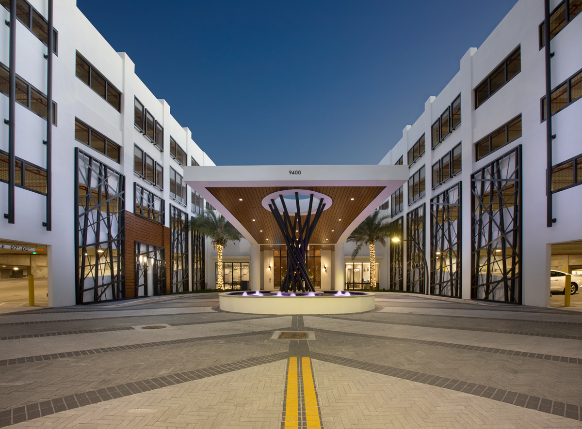 Dusk entrance view of the Sanctuary Doral FL Luxury Rental.