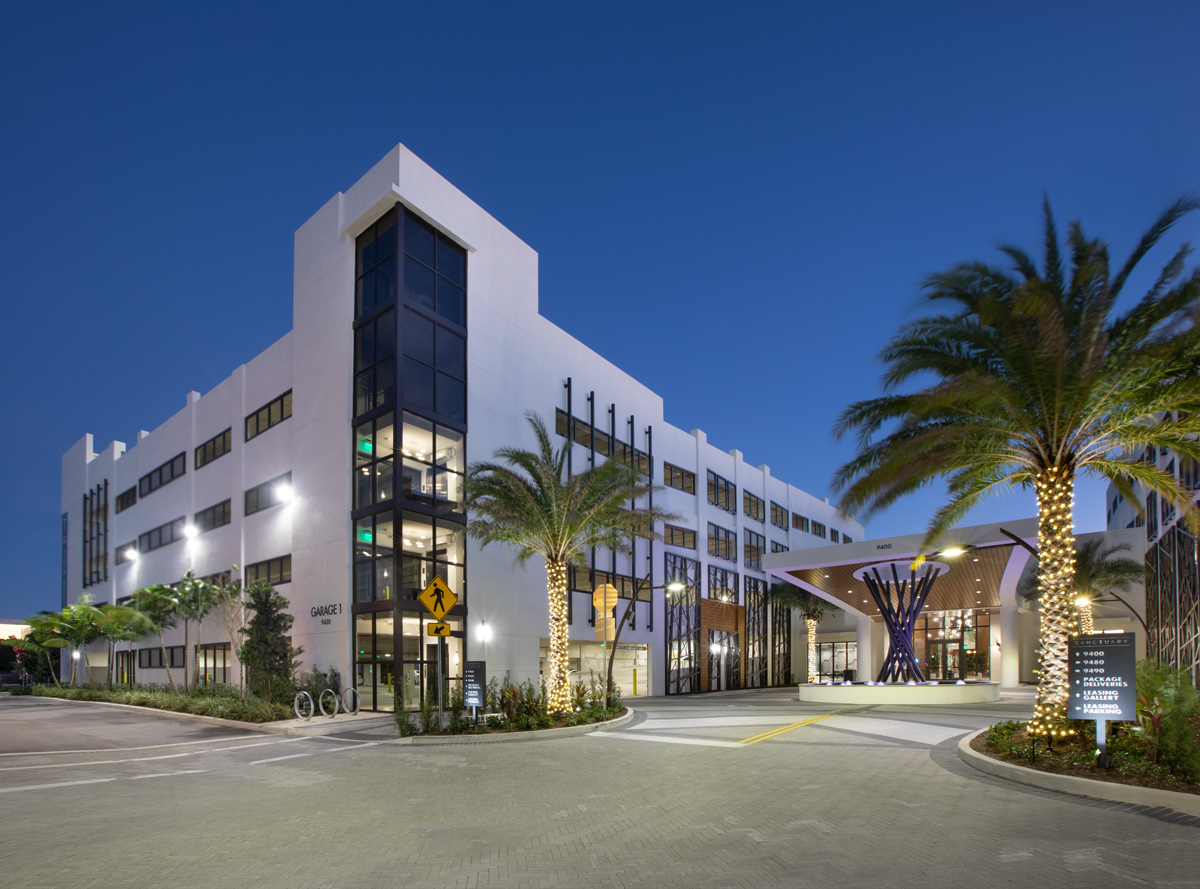 Dusk garage view of the Sanctuary Doral FL Luxury Rental.