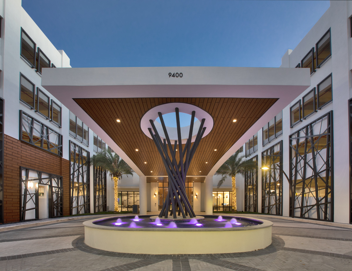 Dusk entrance view of the Sanctuary Doral FL Luxury Rental.