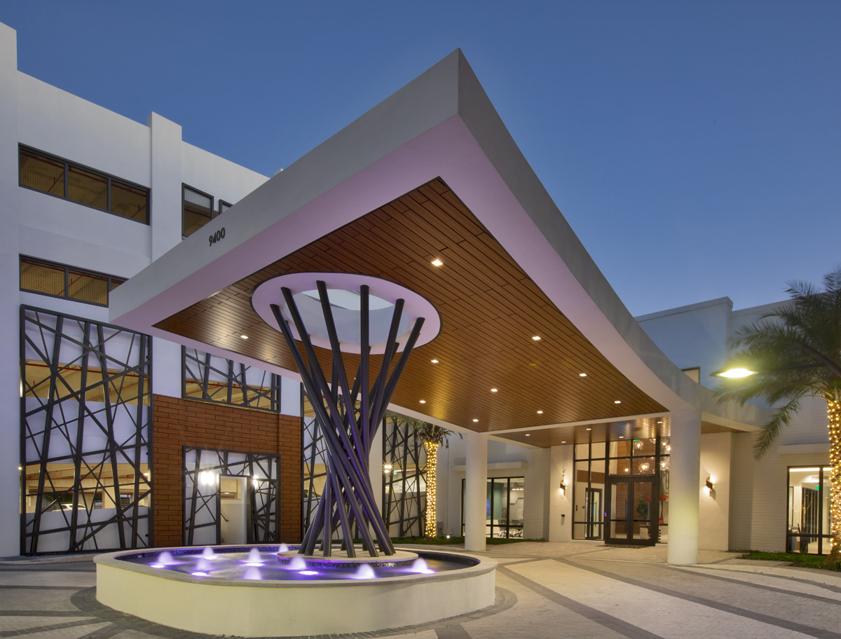 Dusk entrance view of the Sanctuary Doral FL Luxury Rental.