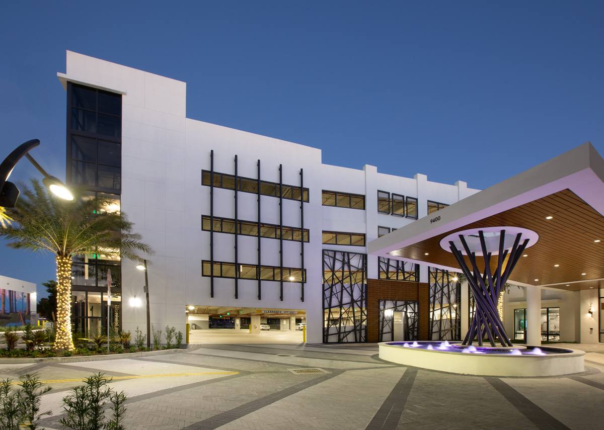 Dusk entrance view of the Sanctuary Doral FL Luxury Rental.