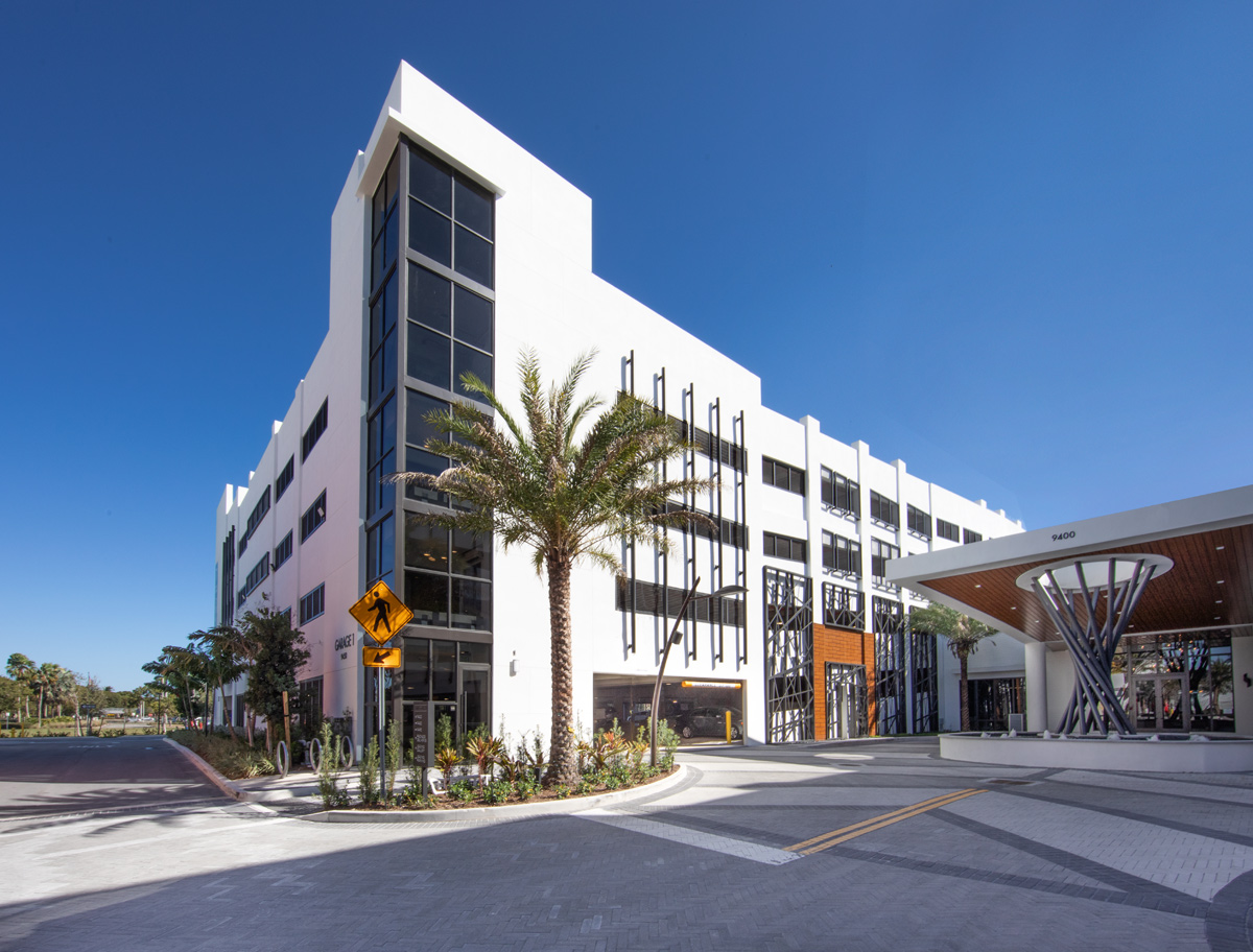 Architectural entrance and garage view of the Sanctuary Doral FL Luxury Rental.