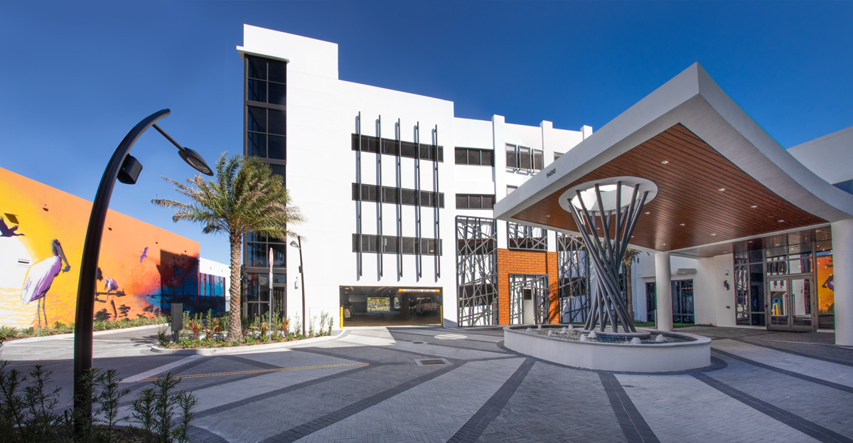 Architectural entrance view of the Sanctuary Doral FL Luxury Rental.