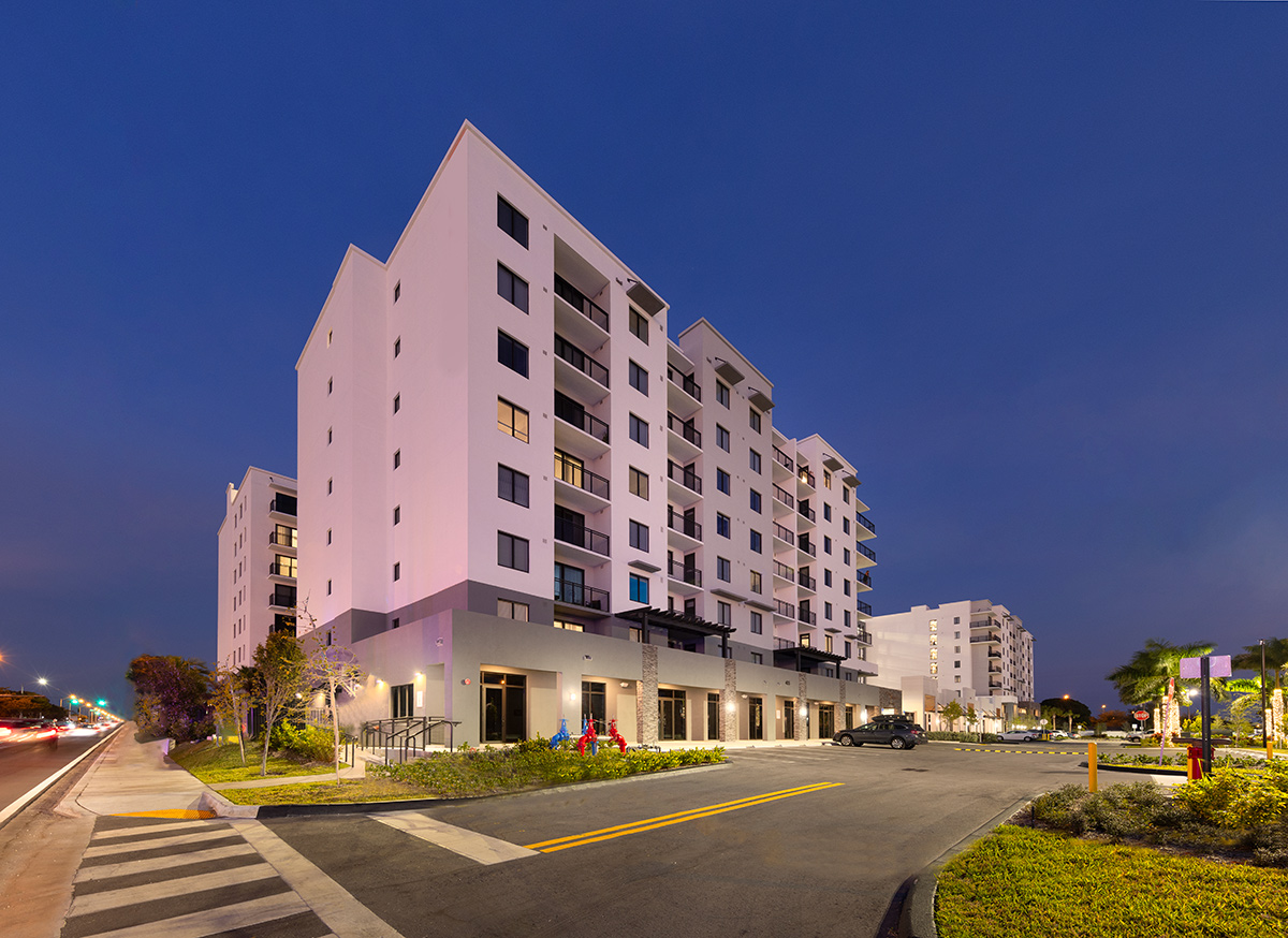 Architectural dusk view of Shoma Village luxury rental  Miami, FL.