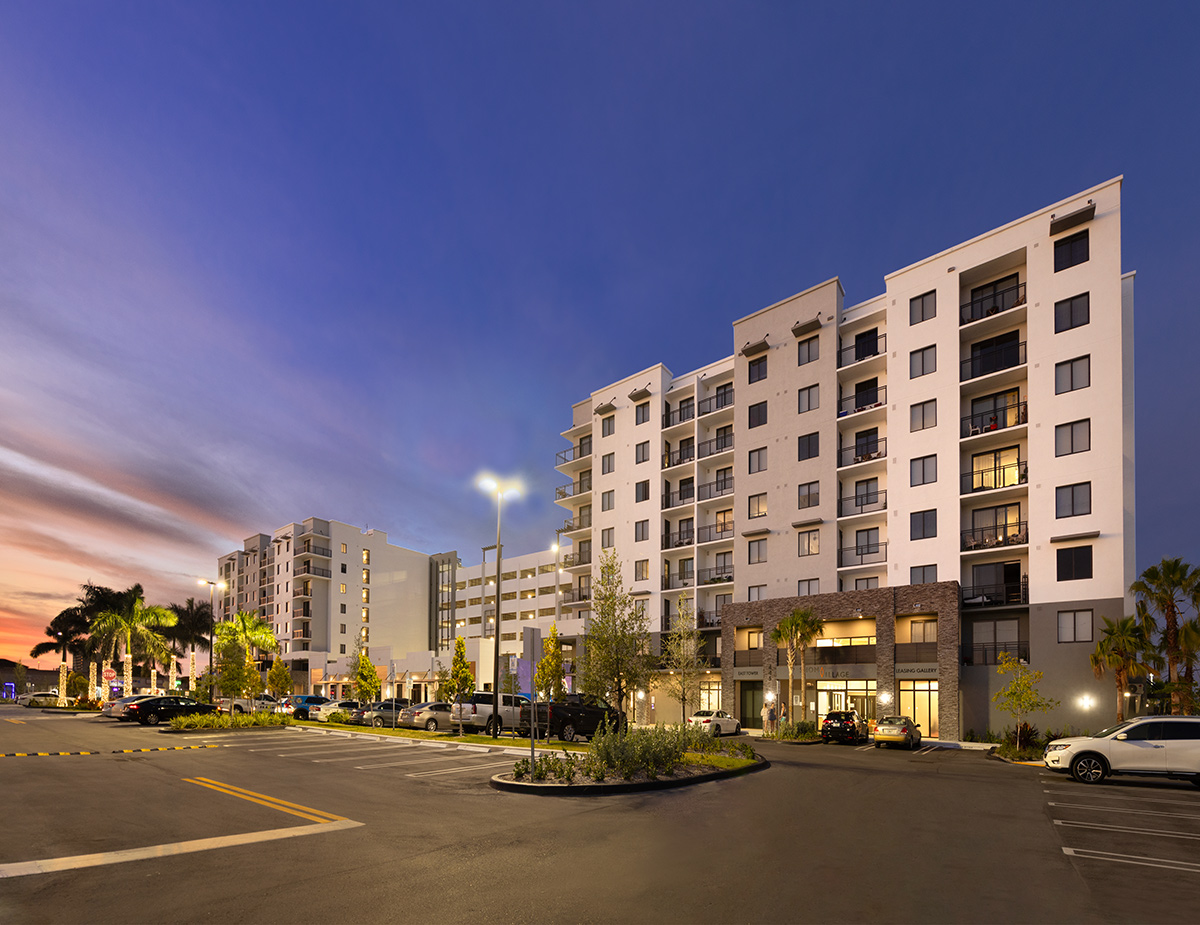 Architectural dusk view of Shoma Village luxury rental  Miami, FL.