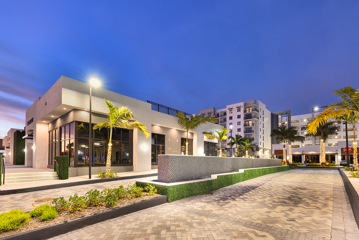 Architectural dusk view of Shoma Village luxury rental  Miami, FL.