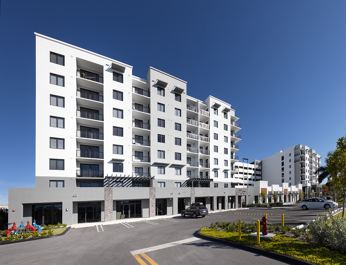 Architectural dusk view of Shoma Village luxury rental  Miami, FL.