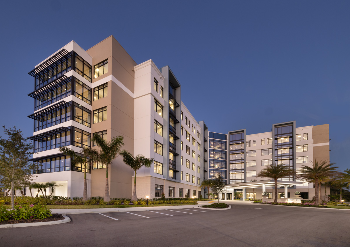 Architectural dusk view of Shell Point Larsen Health in Fort Myers, FL.