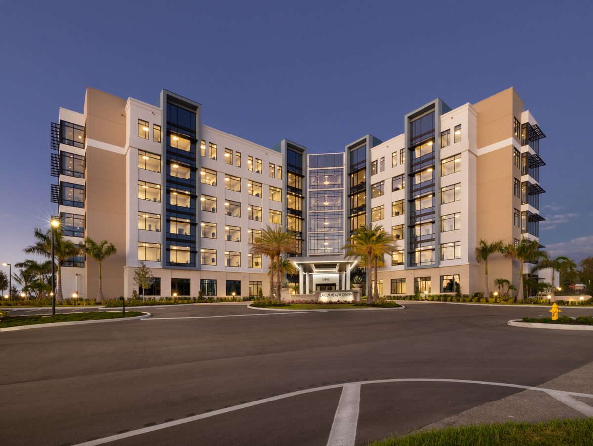 Architectural dusk view of Shell Point Larsen Health in Fort Myers, FL.