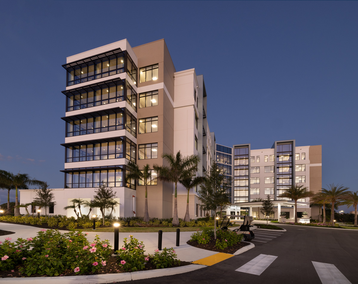 Architectural dusk view of Shell Point Larsen Health in Fort Myers, FL.