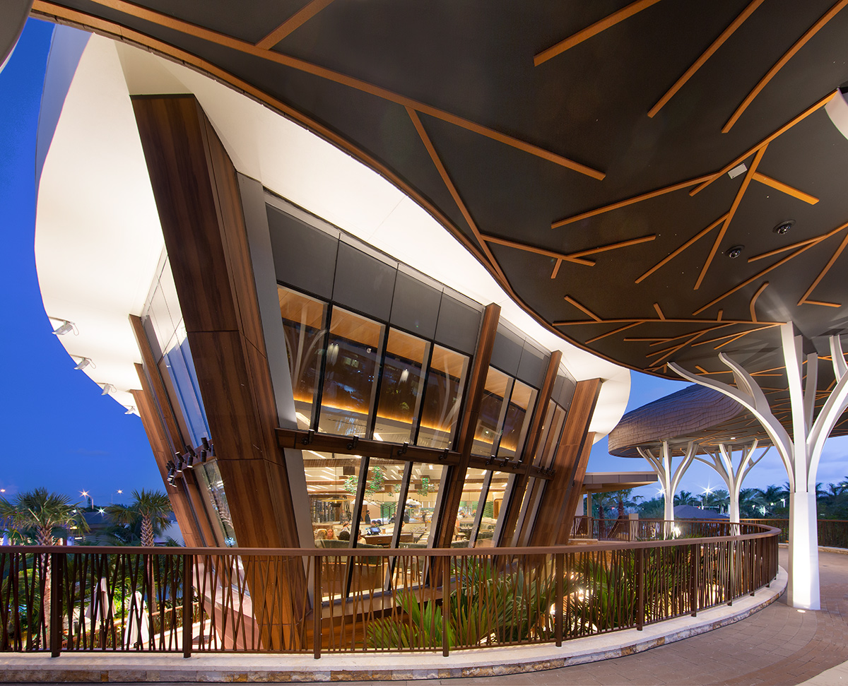 Architectural dusk view of the Abiaka Wood Fire Grill at the Hard Rock Hotel and Casino in Hollywood, FL