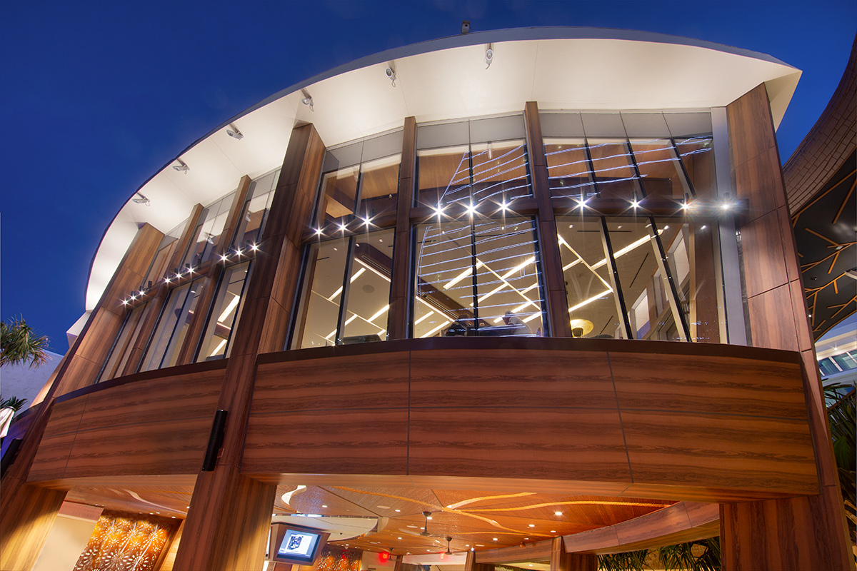Architectural dusk view of the Abiaka Wood Fire Grill at the Hard Rock Hotel and Casino in Hollywood, FL