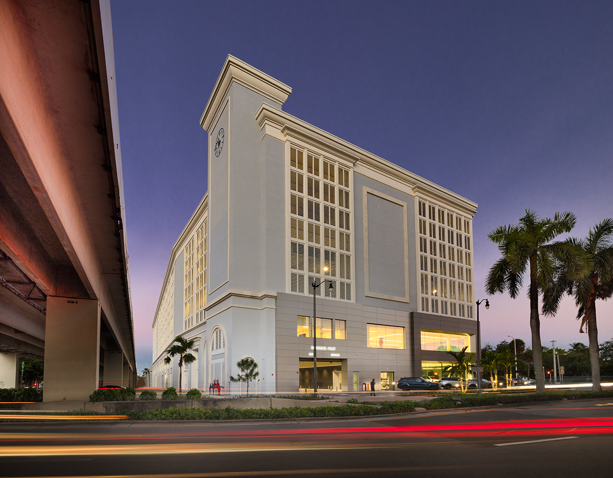 Architectural dusk view of the Miami Jaguar - Land Rover dealership.