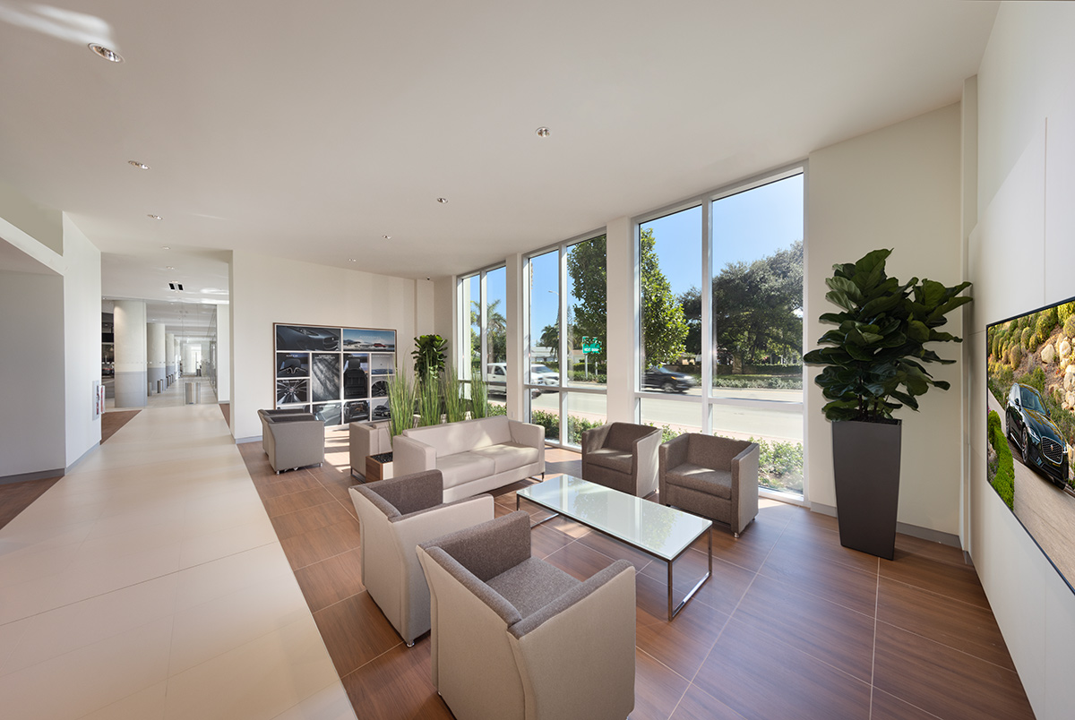 Interior design lounge view of the Miami Jaguar - Land Rover dealership.