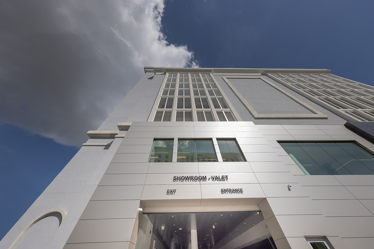 Architectural view of the Miami Jaguar - Land Rover dealership.