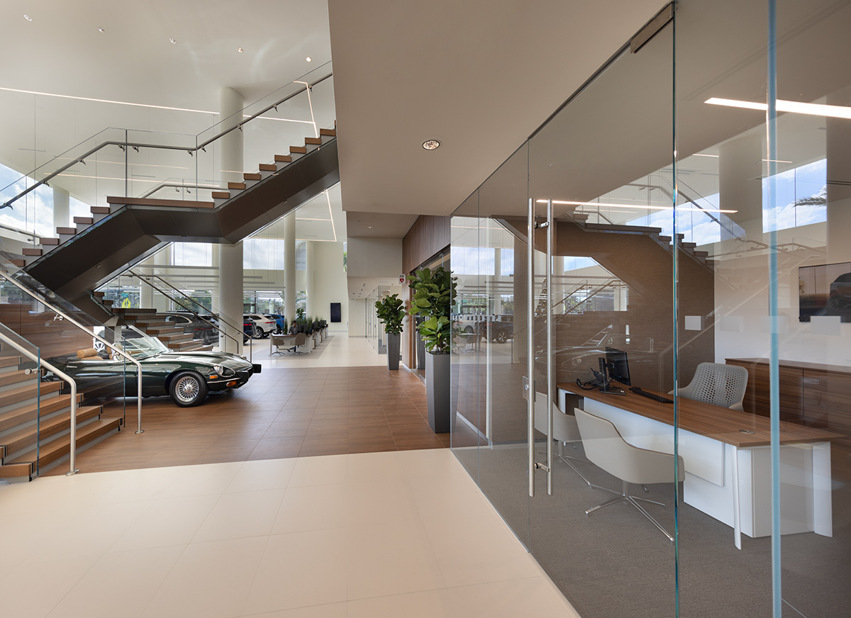 Interior design view of the Miami Jaguar - Land Rover dealership.