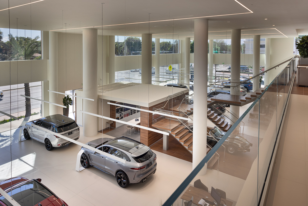 Interior design view of the Miami Jaguar - Land Rover dealership.