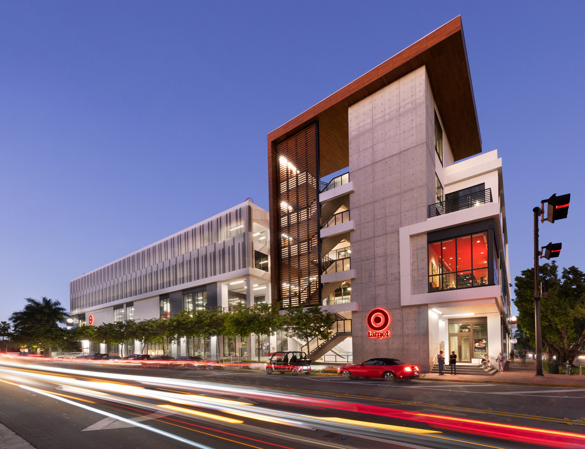 Dusk exterior of BLVD at Lenox in Miami Beach, FL.