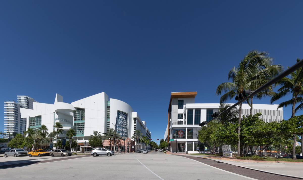 Daytime exterior of the retail corner featuring BLVD at Lenox in Miami Beach, FL.
