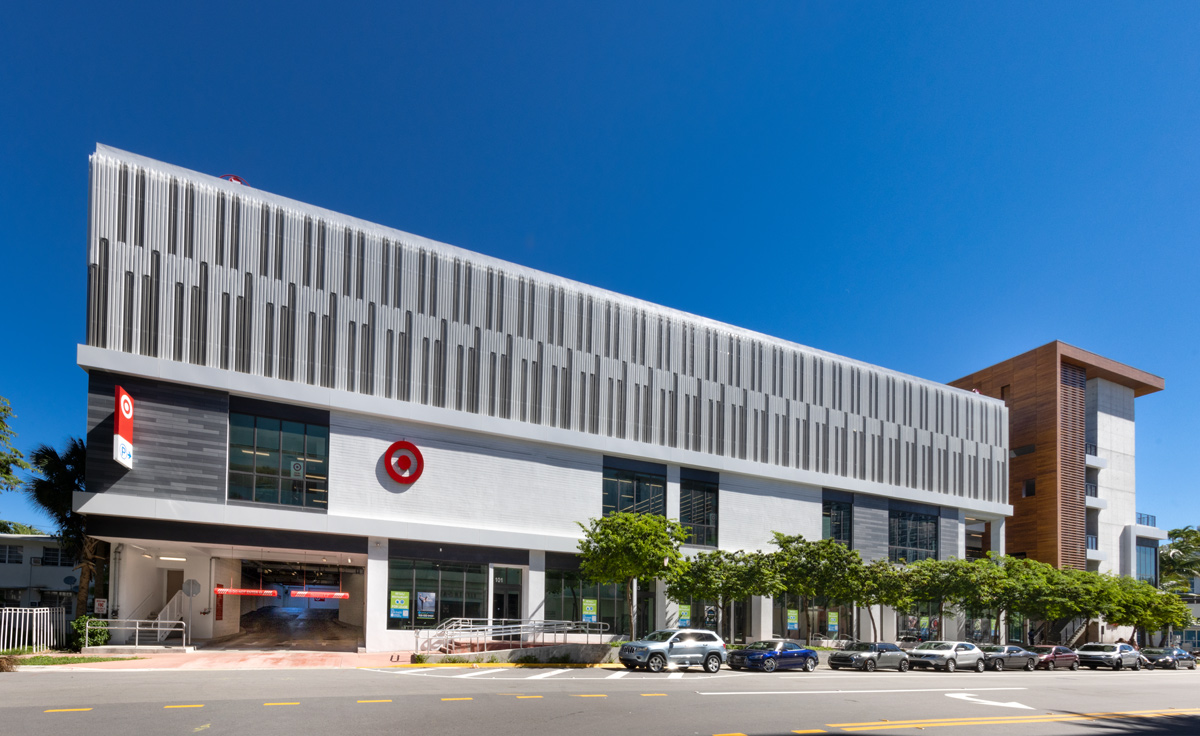 Daytime exterior of BLVD at Lenox parking entrance in Miami Beach, FL.