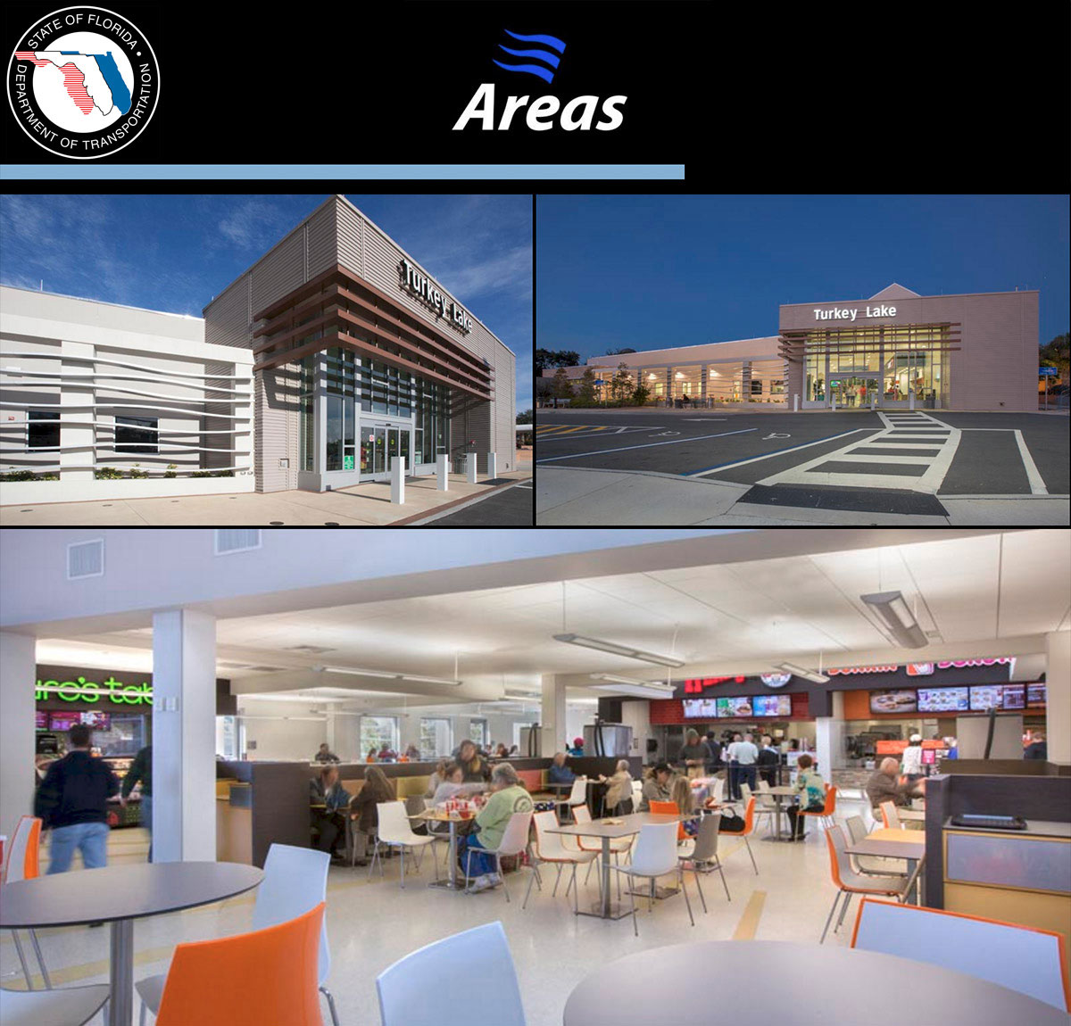 Architectural and interior design views of Turkey Lake Service Plaza - Orlando, FL